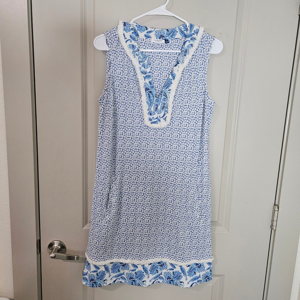 Cabana Life White and Blue Sleeveless Mini Dress